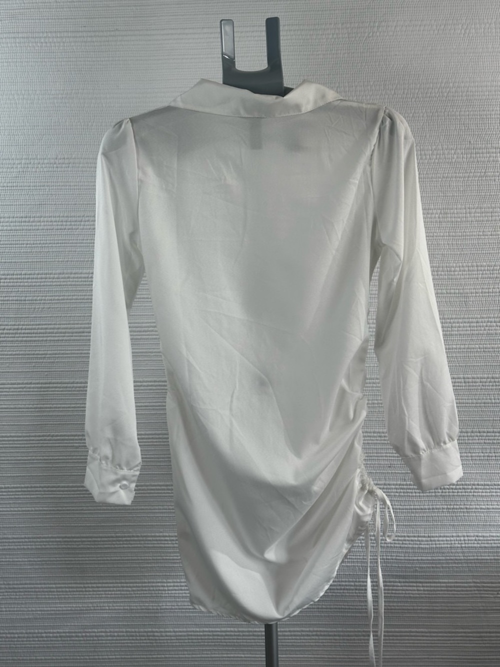 White Satin-Look Ruched Shirt Dress Minimalist Chic Side Tie Button Front Sz S - Picture 9 of 11